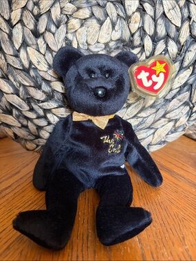 Ty The End Black Bear Plush with Gold Bow and Red Heart Tag